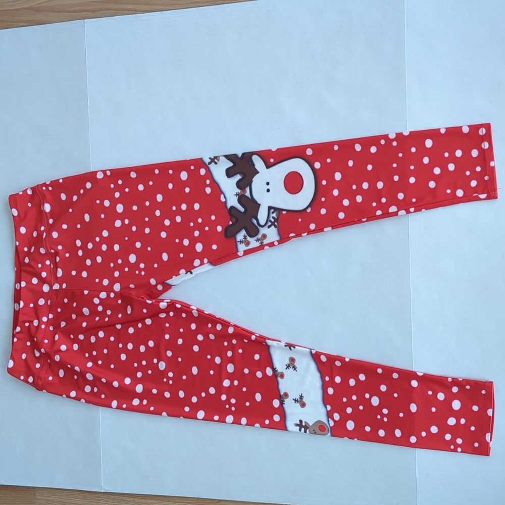 Christmas Polka Dot Reindeer Holiday Legging Pants XL Red White - Picture 2 of 12